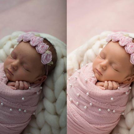 Newborn retouching removes imperfections and evens out skin tones.