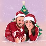 Christmas drawing of a couple in cartoon style from a photo