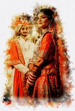 Splash watercolor portrait for an Indian wedding